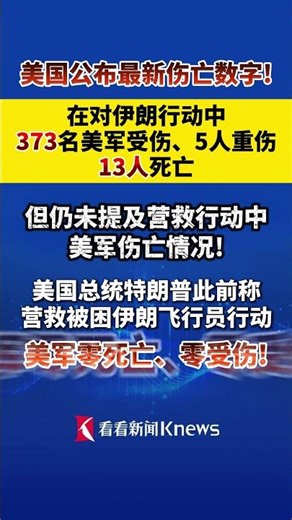 美国称373名美军受伤！未提营救行动中伤亡情况