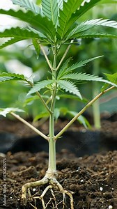 Young cannabis plant with visible root system in soil