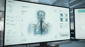 Diagnostic Medical Scanning Device During Laboratory Radiology Analysis. Modern Medical Radiology Analysis Scanning Brain Tumor Zone. Patients Medical Report Via High Tech Radiology Analysis.