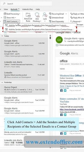 Add multiple recipients or senders from emails to the contact group in Outlook