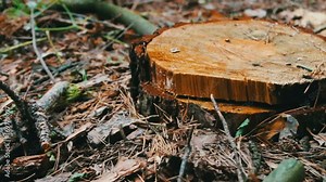 Stump from a newly felled tree. Felled tree in the forest.The problem of deforestation