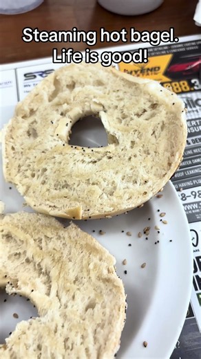 Steaming hot bagel and butter #bagel #butter #coffee #breakfast