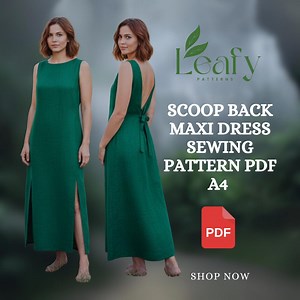Scoop Back Maxi Dress Sewing Pattern PDF | Open Back Princess Seams, Adjustable Tie Sleeveless High Neck Midi Dress With Side Slits - Etsy Canada
