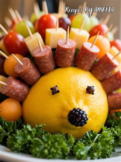 Colorful Fruit & Meat Hedgehog Appetizer 🦔🍇🧀 #FoodArt #PartyAppetizers #CreativeCooking #CharcuterieHedgehog #HealthySnacks | Recipes By Amelia