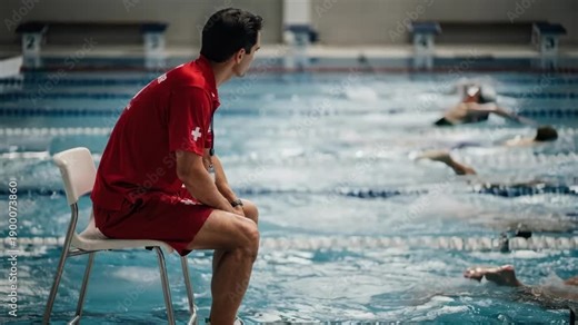 Medium shot of a lifeguard on elevated chair observing focused lap swimmers pool details gently out of focus emphasizing safety and concentration.