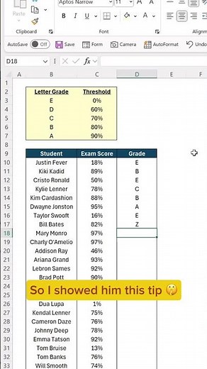 How to grade hundreds of exam scores with this Excel function. 👀 #excel #tutorial #exceltips
