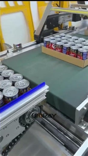 Smart can-end tray loader for food cans. 20-25 packs/min. #packagingmachine #shrinkwrap #factory