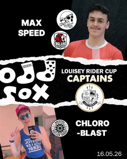 Louisey Rider Cup on Instagram: "MAX SPEED (@tyneandfear_rd , Team England) and CHLORO-BLAST (@bristolrollerderby) are bringing unmatched chaos to Odd Sox at The Louisey Rider Cup this year! Fancy joining them and socking it to the competition? To be in with a chance of sock-cess, grab your skater tickets at 6 pm on the 15th of Feb. 📸 Photo credit: Phil Cross & Paul Smith Headshot credit: Chris Taylor Dawson (Max) Music by our very own The Illegal Procedures #nottinghamrollerderby #rollerderby