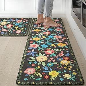 GENIMO Kitchen Mats for Floor 2PCS, Cushioned Kitchen Rugs Non Slip Washable, Farmhouse Anti Fatigue Mat Waterproof, Comfort Standing Mat Rug for Office, Home, Laundry, 17.3"x59"+17.3"x30", Black