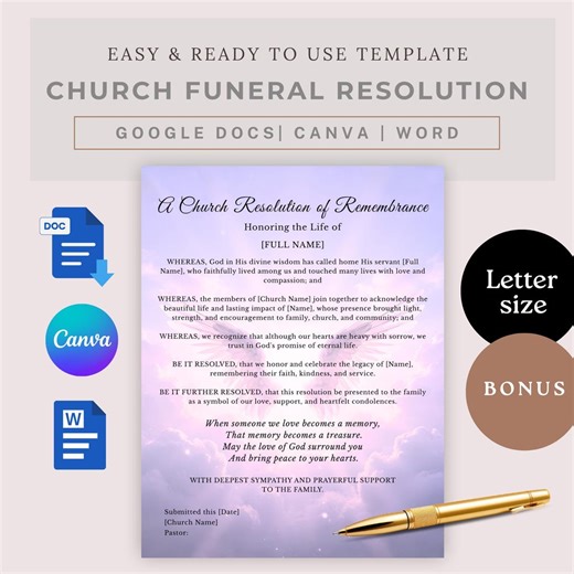 Funeral Resolution Church Letter With Wings, Editable Template for Memorial Service, Grieving Poem, Tribute of Honor - Etsy