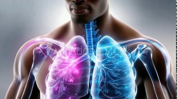 Medical animation showing a detailed view of a human male torso rotating, with a focus on the anatomy of the lungs and the skeletal system, including the rib cage, spine, and shoulders