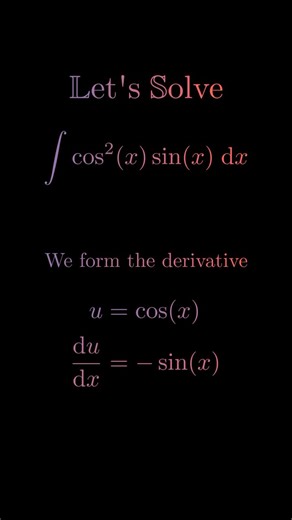 Step-by-step instructions: Solving the integral of cos²(x)sin(x) is like a little puzzle where we need a clever simplification. With substitution, this is very easy. First, let’s look at the structure of the function. We have cos²(x), which is the square of the cosine, and sin(x), which is the sine. The derivative of the cosine is -sin(x), and this fits perfectly with the sin(x) that is in the integral. This is a hint that substitution is a good idea. So we set cos(x) equal to a new variable, le