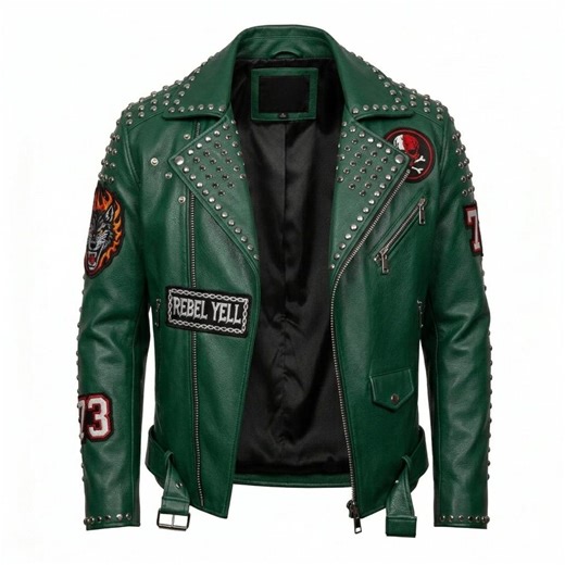 Green Studded Leather Biker Jacket Punk Rock Moto Coat With Skull Patch, Slim Fit Streetwear - Etsy