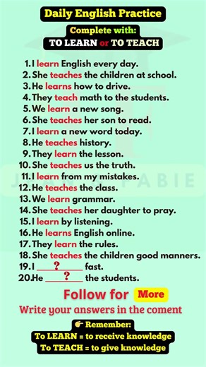 LEARN vs TEACH 🔥 Stop Confusing These Two English Verbs! 20 Easy Examples #englishforbeginners