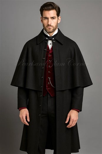 Men’s Victorian Gothic Black Wool Cape Cloak Coat, Vintage Steampunk Overcoat Long Jacket Outerwear - Etsy