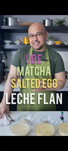 57K views · 1.3K reactions | Ube, Matcha & Salted Egg Leche Flan Caramel (per llanera) 2 tbsp sugar 1 tbsp water 1 tsp lemon juice Custard (per llanera) 4 eggyolks 2 tbsp condensed milk 1/4c all purpose cream 1c evaporated milk 1/2 tsp vanilla 1/4 tsp salt For ube, add 2 tsp McCormick ube flavor For matcha, add 2 tbsp matcha powder For salted egg, add 2 salted egg yolks Bake (Bain Marie) at 160C or steam (low fire) for 1hr | Robert de Armas | Facebook