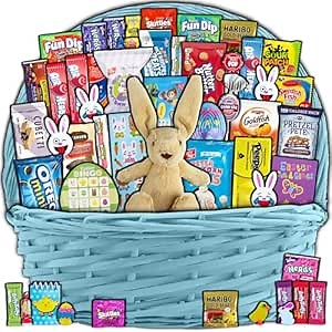 Blue Easter Basket for Kids and Adults (45ct) - Already Filled Easter Gift Basket with Plush Easter Bunny, Candy, Snacks, and Treats - Boys, Girls, Grandchildren, Young Children, Toddlers, Men, Women