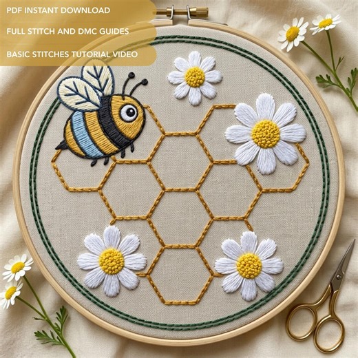 Bee & Honeycomb Embroidery Pattern PDF | Bumblebee and Daisy Hand Embroidery Design