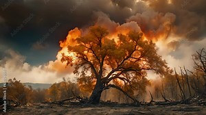 Closeup lone tree standing tall amidst destruction, leaves ablaze branches twisting heat. fire continues spread, tree begins crumble fall, symbolizing overwhelming power forest