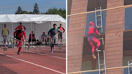 This incredible firefighter looks like a Marvel superhero climbing to the 4th floor in 14 seconds in Fire Sports in Ukraine! | Rumble