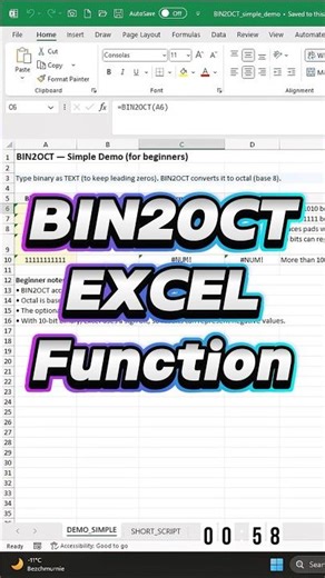 Excel A–Z in 60s: BIN2OCT — Binary to Octal #Excel #BIN2OCT #Binary #Octal #ExcelShorts #ExcelTips