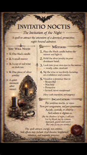 🩸 Spell of the Day — Invitatio Noctis 🩸 Tonight’s magic is an invitation, not a summons. This spell calls to the vampire who watches, protects, and waits — the one drawn by consent, intention, and quiet power rather than force. This is not about blood. This is not about fear. This is about presence. We call the vampire who stands at the edge of the night. The one who guards rather than hunts. The one who knows when to approach — and when to remain in shadow. Light the candle. Hold your silver.