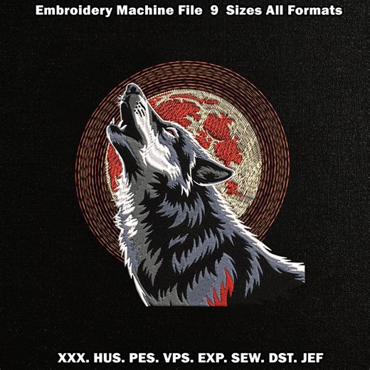 Howling Wolf Machine Embroidery Design, Blood Moon Wildlife Art, Gothic Lunar Animal Portrait Digital File, Wild Wolf Moonrise - Etsy