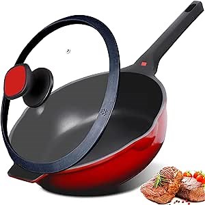 NonStick Deep Frying Pan with Lid, 11 IN 5 Quart Saute Pan for Cooking, 100% PFOA Free Food Grade Aluminum Chef Pan for Kitchen, Gas, Stove Top, Induction Deep Pan Easy to Clean, Large Skillet