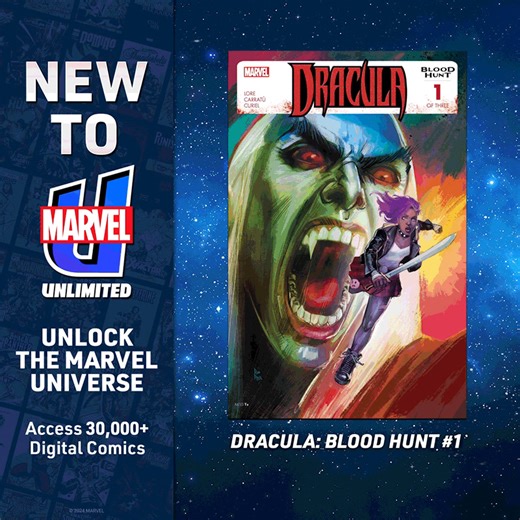 New this week on the #MarvelUnlimited app! 💥 Avengers #14 🔮 Doctor Strange #15 🧛 Dracula: Blood Hunt #1 🩸 Blood Hunters #1 See all new titles here: http://spr.ly/6184lyo5G | Marvel Comics