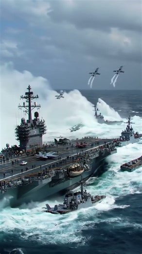 Nearby, powerful destroyers and escort ships battle the raging seas,