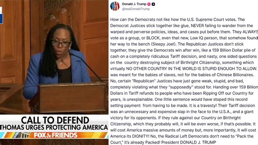 🚨 JUST IN: President Trump EVISCERATES leftist Supreme Court Justice Ketanji Brown Jackson as "that new, Low IQ person, that somehow found her way to the bench (Sleepy Joe!)"Trump says some conservative justices are becoming WEAK."The Republican Justices don’t stick together, they give the Democrats win after win, like a 159 Billion Dollar pile of cash on a completely ridiculous Tariff decision, and nasty, one sided questions on the country destroying subject of Birthright Citizenship, somethin