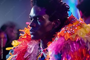 Fashion Show, New Collection Demonstration, Unusual Clothes, Bright Outfit, Uncomfortable but Interesting Clothes, Generative AI Illustration