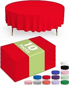 Pureegg Plastic Table Cloth Disposable 10 Pack, 84'' Round Table Cloths, Valentines Day, Thanksgiving, Christmas Decorations, Fall Tablecloths, Round, Plastic Cover, Leakproof & Sturdy, Red
