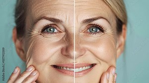 Before and after anti-aging skincare treatment — hyper-realistic comparison of a middle-aged woman's face, showing reduction in wrinkles, improved skin tone, and smoother texture