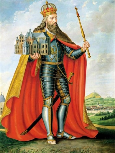 Charlemagne, King of Franks and Lombards and Emperor of Holy Roman Empire, Standing with Model of Palatine Chapel. www.HolyRomanEmpireAssociation.org | Holy Roman Empire Association