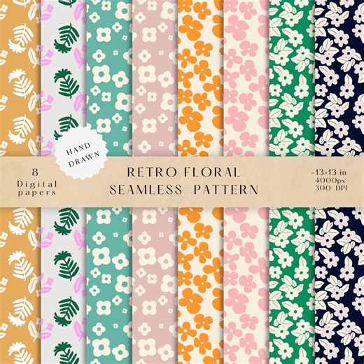 Retro Floral Seamless Pattern Bundle, Cute Ditsy Flower Pattern, Vintage Scandinavian Floral Digital Paper Bundle (4designs, 2color-ways) - Etsy