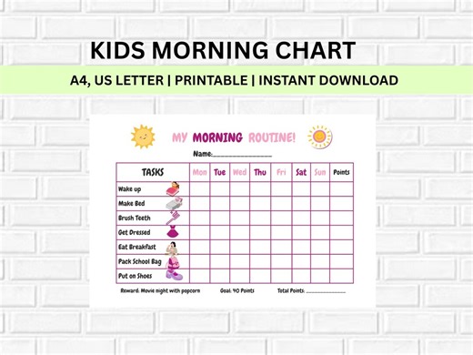 Kids Morning Routine Chart Printable | Pink Blue and Black White | 3 Versions Included | Weekly Chore Chart | Instant Download PDF - Etsy