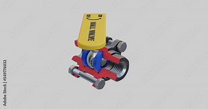 A three-piece ball valve. A cross-sectional view reveals the internal elements like the stem, seal ring, gasket and many more