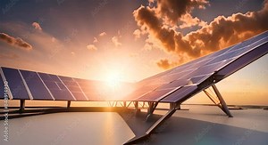 Solar panels against a backdrop of a stunning sunset highlighting the panels textures and the vibrant sky 4k