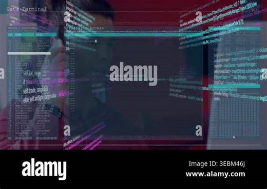 Male dev holding phone talking call starting DataTerminal overlay growing over screen watching code. Developer, programmer, workstation, monitor, terminal, interface, ui Stock Video Footage - Alamy