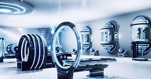 CGI Futuristic technology showcase in a sleek and innovative lab environment