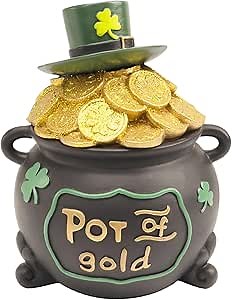 7.6" St Patricks Day Pot Of Gold Decorations, Resin Saint Patrick's Cookie Candy Jar Dish with Lid, Black Leprechaun Pot Of Gold Bucket Table Centerpieces Mantel March Home Decor, Irish Gifts