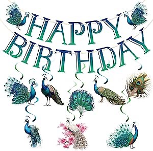 Peacock Birthday Banner, Peacock Hanging Swirls, Zoo Animal Birthday Party Decor, Peacock Happy Birthday Banner, Peacock Birthday Party Decorations, 9Pcs