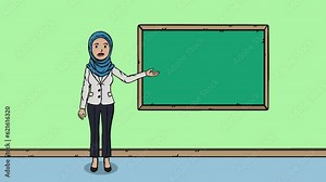 A Muslim woman is teaching a lesson wearing a hijab. The woman stands next to a blackboard to which she points her hand and speaks. Animation in 4k, HD quality in cartoon style. Hand-drawn.