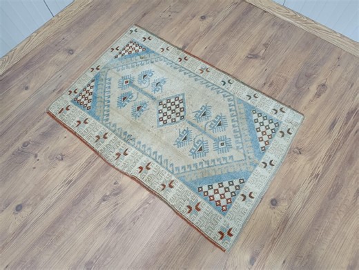 Small Turkish Wool Rug, Beige Blue Tribal Pattern (2.4x3.5 FT) - Etsy