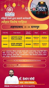 Vadodara Gets 7 Special Diwali Trains To ease the travel for passengers during the Diwali festival, the Railway Department will introduce 7 special Diwali trains connecting Vadodara. These 7 Diwali special trains will ensure that thousands of passengers don't face any travel difficulties during the festive season. Vadodara's MP, Dr. Hemang Joshi, welcomed this announcement and expressed gratitude to the Railway Minister and railway officials. વડોદરાને 7 દિવાળી સ્પે.ટ્રેન મળી દિવાળીના તહેવારના ઉપ