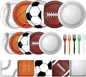 100 Pcs Sports Birthday Party Decorations Sports Themed Plates and Napkins Basketball Football Soccer Baseball Rugby Disposable Dessert Tableware Set for Boy Birthday Party Supplies Favors