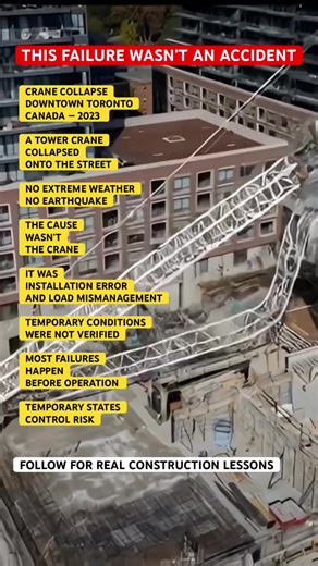 A tower crane collapsed in downtown Toronto during construction. There was no extreme weather and no external impact. Investigations focused on installation sequencing, load control, and temporary stability — not crane design. The lesson is simple but often ignored: temporary conditions are when structures are most vulnerable. 📸 Real incident. Real photos. Not AI-generated. #construction #worksafety #canada #engineeringfailure #lessonslearned