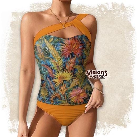 Artistic Tropical One Shoulder Tankini Set, Vibrant Floral Bathing Designer Swimwear - Etsy