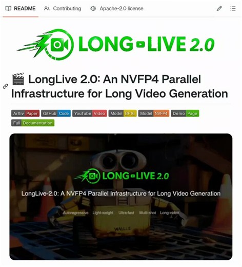 LongLive 2.0 is an infrastructure from NVIDIA that uses NVFP4 quantization and parallelism to speed up long video generation during training and inference.- NVFP4 inference with W4A4 and KV cache quantization- Balanced sequence parallel for AR training on multi-shot videos- Multi-shot attention sink and async decoding for long video inference- 45.7 FPS throughput with fused Triton kernels and reduced KV sync overheadExplore it here: